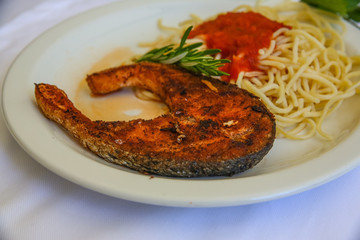 Grilled salmon with pasta