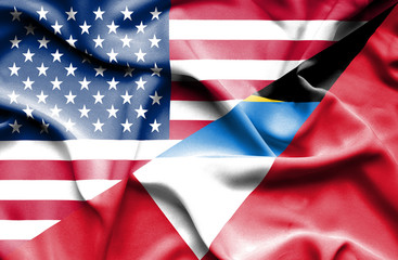 Waving flag of Antigua and Barbuda and USA