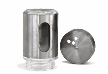 Salt shaker upside down and perforated cover.Isolated.