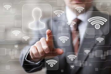 Businessman touch button web communication group Wifi icon