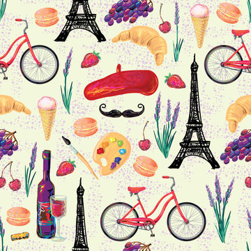 Seamless Paris French food pattern with Eiffel Tower, hat, mustache, wine glass, grapes, bottle of wine and cake, croissant, ice cream, macaroon. Perfect for wallpaper, web page background, textile