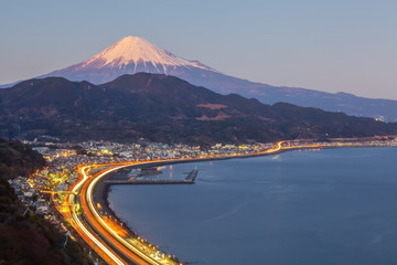 Tomai expressway and Suruga bay with mountain fuji at Shizuoka. - obrazy, fototapety, plakaty