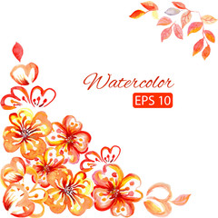 Watercolor card with decorative orange flowers and copy space