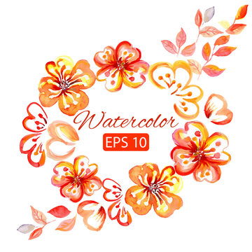 Watercolor Card With Decorative Orange Flowers And Copy Space
