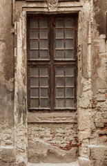 Grunge texture with dirty window and old stone wall