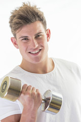 Smiling young man with gym weights