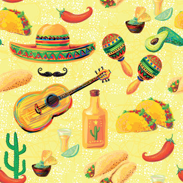 Mexican seamless music pattern with sombrero hat, mustache, maracas, guitar, taco, tequila, lime, fajitas, nachos, avocado, cactus and chill pepper vector background