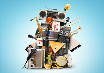 Music, musical instruments and vintage tape recorders - obrazy, fototapety, plakaty
