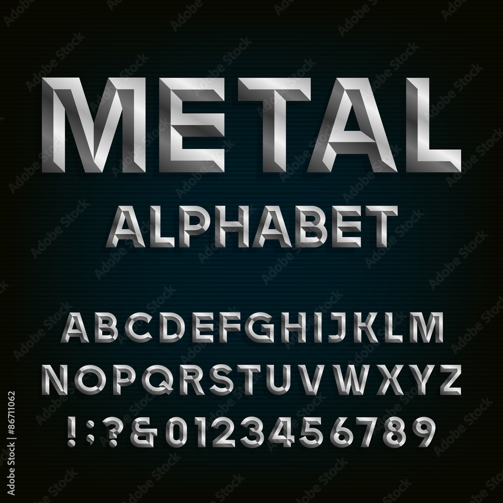 Fototapete metal beveled font. vector alphabet. metal effect beveled letters, numbers and punctuation marks on 