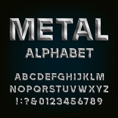 Metal Beveled Font. Vector Alphabet.
Metal effect beveled letters, numbers and punctuation marks on a dark background. Stock vector font for your headlines, posters etc.