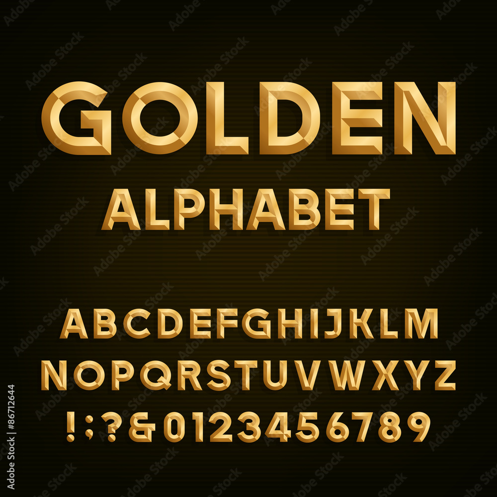 Fototapete golden beveled font. vector alphabet. gold effect beveled letters, numbers and punctuation marks on 