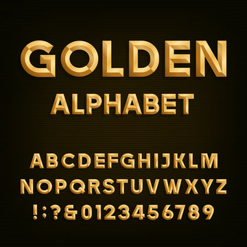 Golden Beveled Font. Vector Alphabet. Gold effect beveled letters, numbers and punctuation marks on a dark background. Stock vector font for your headlines, posters etc.