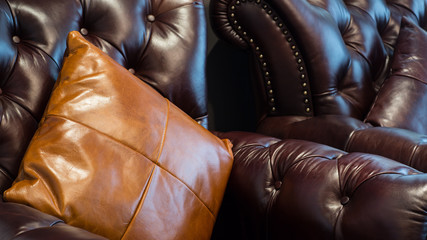 Leather sofa and pillows