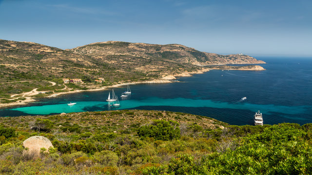 Fototapeta Yachts moored at Gulf of Revellata near Calvi in Corsica