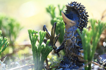 macro hedgehog toy landscape green