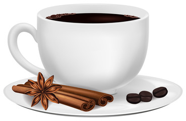 A cup of coffee with spices (star anise and cinnamon) and roasted coffee beans.