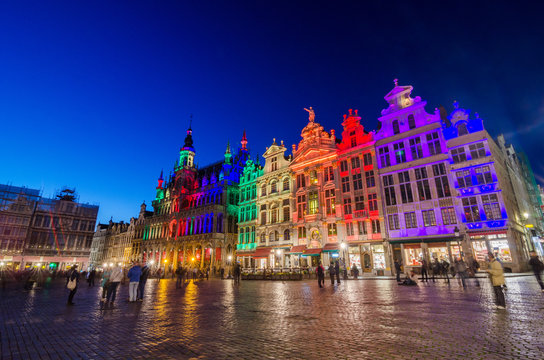 Grand Place with colorful lighting at Dusk in Brussels