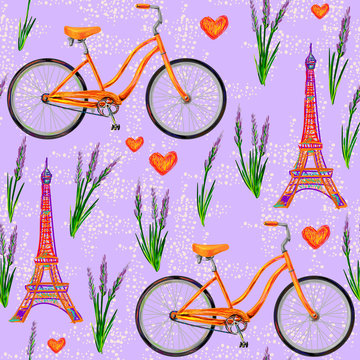 Seamless Paris French pattern with Eiffel Tower, bicycle, lavender flowers. Perfect for wallpapers, pattern fills, web page backgrounds, surface textures, textile