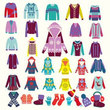 collection of woman and man winter clothes