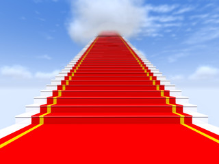Stairs, red carpet, the sky with clouds.