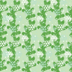 vector seamless pattern Christmas tree branches and snowflakes