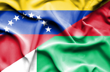 Waving flag of Madagascar and Venezuela