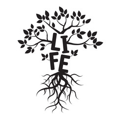 Black vector tree, roots, and text LIFE