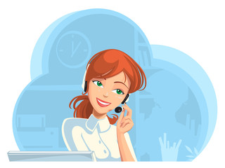 Call-center. Smiling support phone female operator in headset at office.