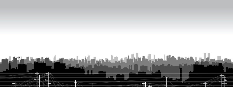 Panoramic view  of black and white city silhouette.