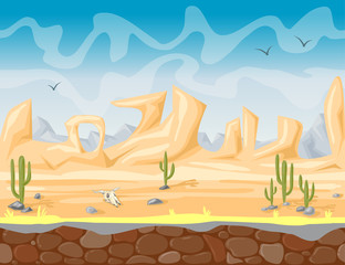 Seamless cartoon nature wild west landscape, vector unending background with desert, herbs, mountains and sky