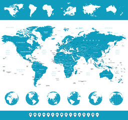 World Map, Globes, Continents, Navigation Icons - illustration. Highly detailed vector illustration of world map, globes and continents.