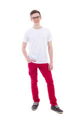 full length portrait of young man standing isolated on white