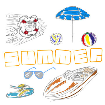 Summer set hand drawn lifebuoy, beach umbrella, volleyball, sunglasses, slippers, motor boat. EPS 10 vector illustration