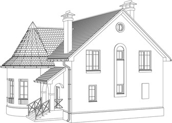 Wireframe perspective of house - 3D render of a building. Vector illustration.