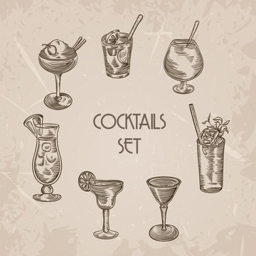 Collection of vintage cocktails. Retro hand drawn vector illustrations on grunge background