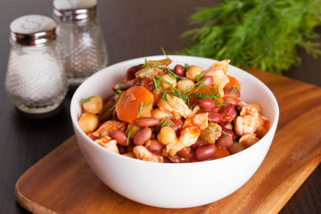 chili with beans, peas and chicken, close up