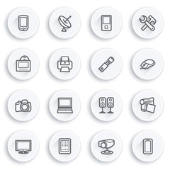 Electronics flat contour icons on white buttons.