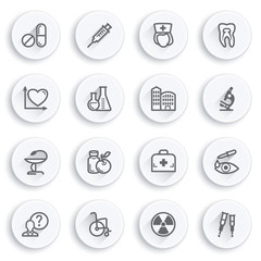 Medicine flat contour icons on white buttons.