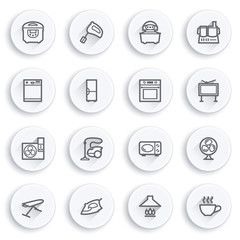 Home appliances flat contour icons on white buttons.