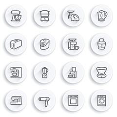 Home appliances flat contour icons on white buttons.
