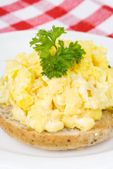 Bagel and Scrambled Eggs – Scrambled eggs on a bagel half. Parsley garnish. Red checkered tablecloth in background.