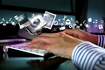 Hands typing keyboard, technology concept