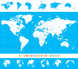 World Map, Globes, Continents, Navigation Icons - illustration.Highly detailed vector illustration of world map, globes and continents.