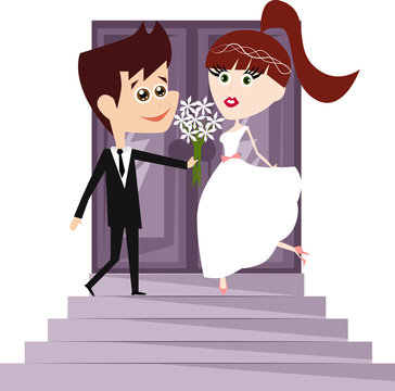 Cartoon businessman with his beautiful bride on stairs.