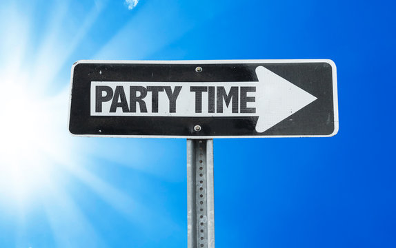Party Time direction sign with a beautiful day