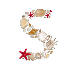 S - letter arranged from sea shells and starfishes