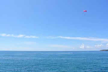 Fototapeta na wymiar Paragliding above blue sea on a sunny day. Summer seascape. Concept of freedom and adventure.