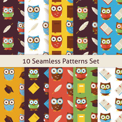 School and Education Owls Flat Seamless Background Patterns Set