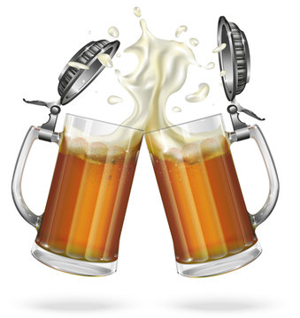 Two mugs with cap with ale, light or dark beer. Mug with cap with beer. Vector