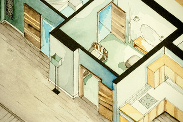 Isometric partial architectural watercolor drawing of apartment floor plan, symbolizing old-school artistic old fashioned design approach to real estate property management and contracting business